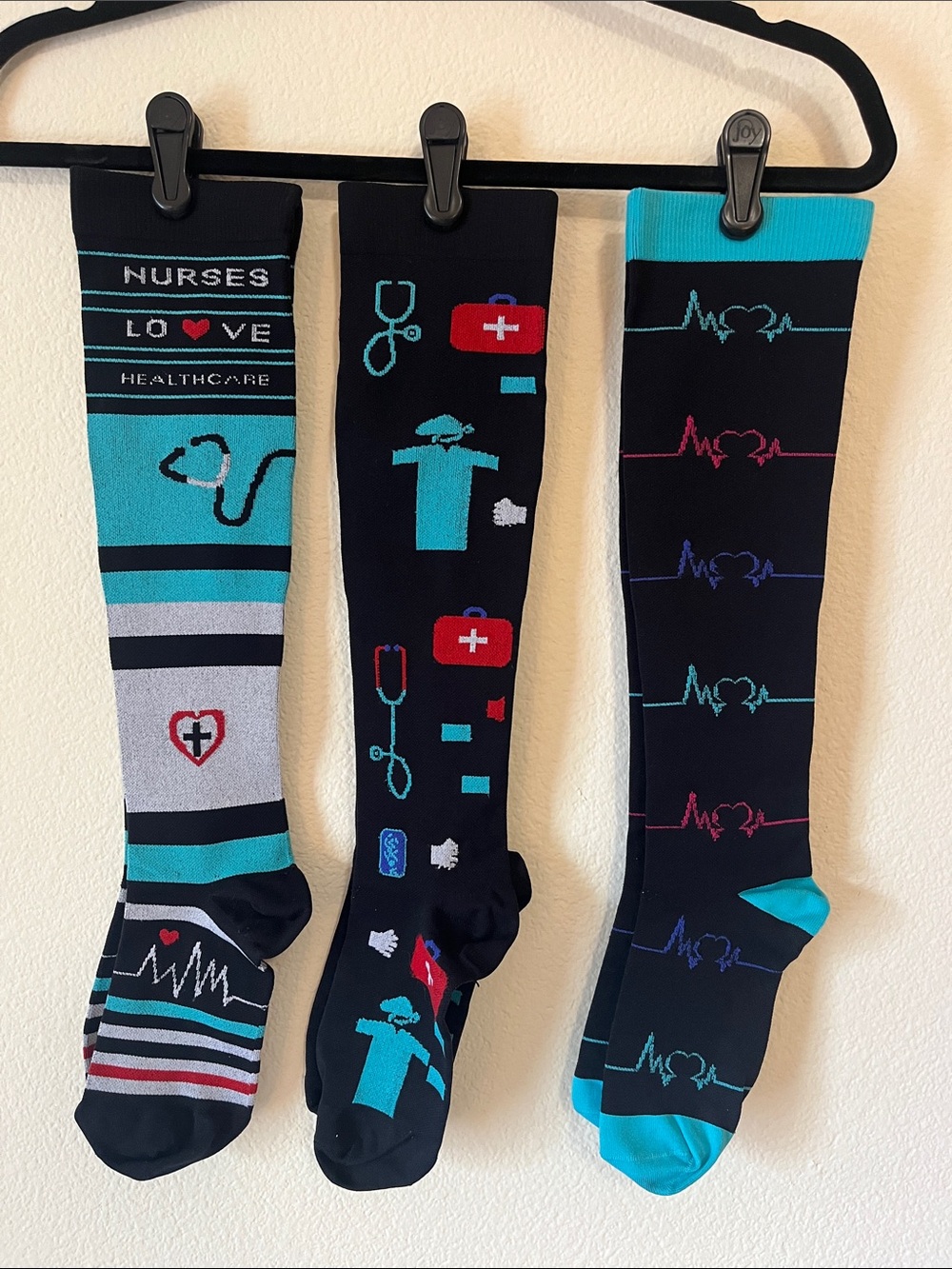 Set of 3 Pair Nursing Compression Socks - Teal and Black - one size